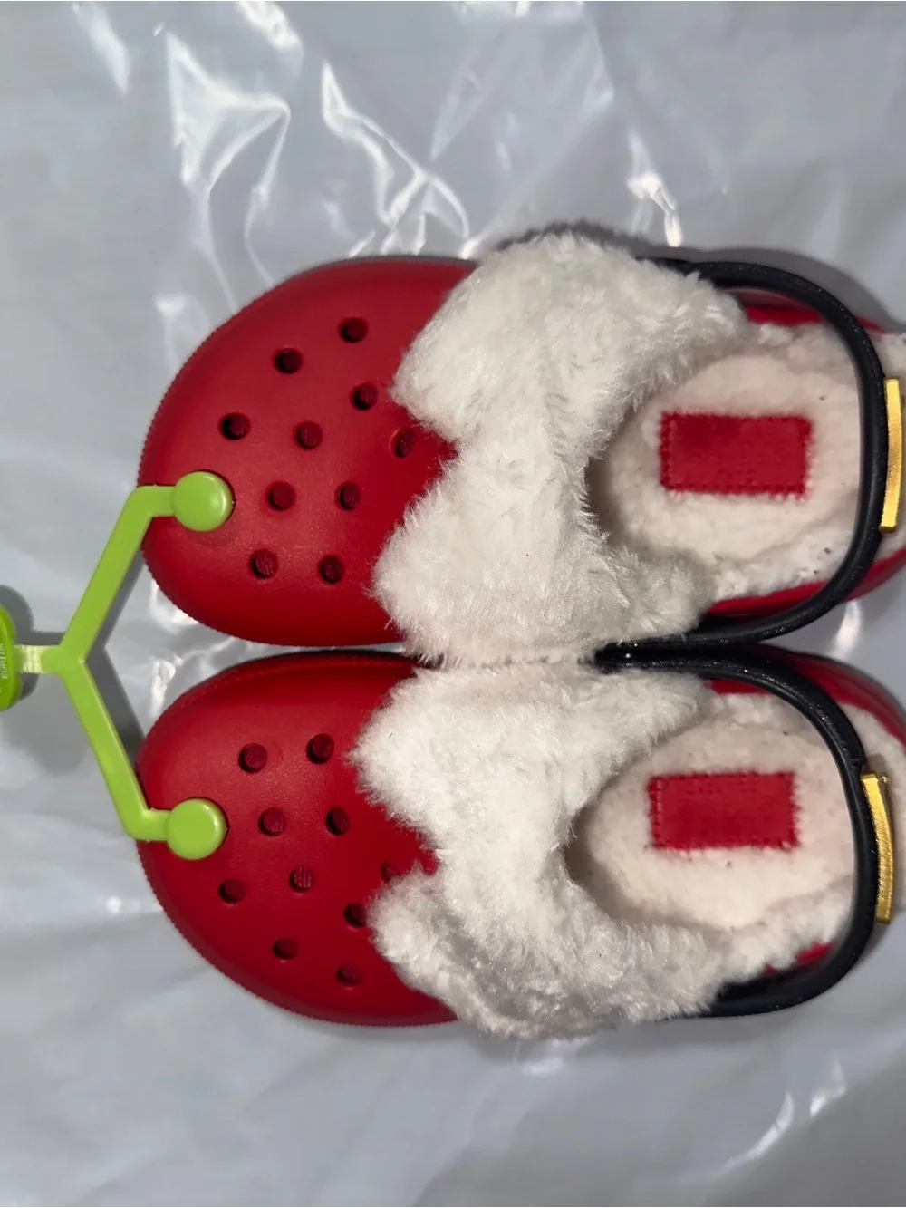 CROCS Red Clog Slides with Black Strap and Cream Fuzzy Lining